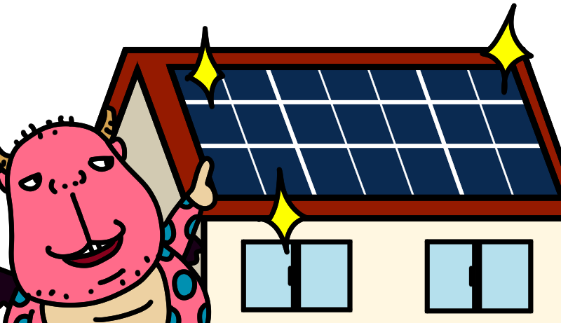 家の屋根にソーラーパネルを設置するイラスト